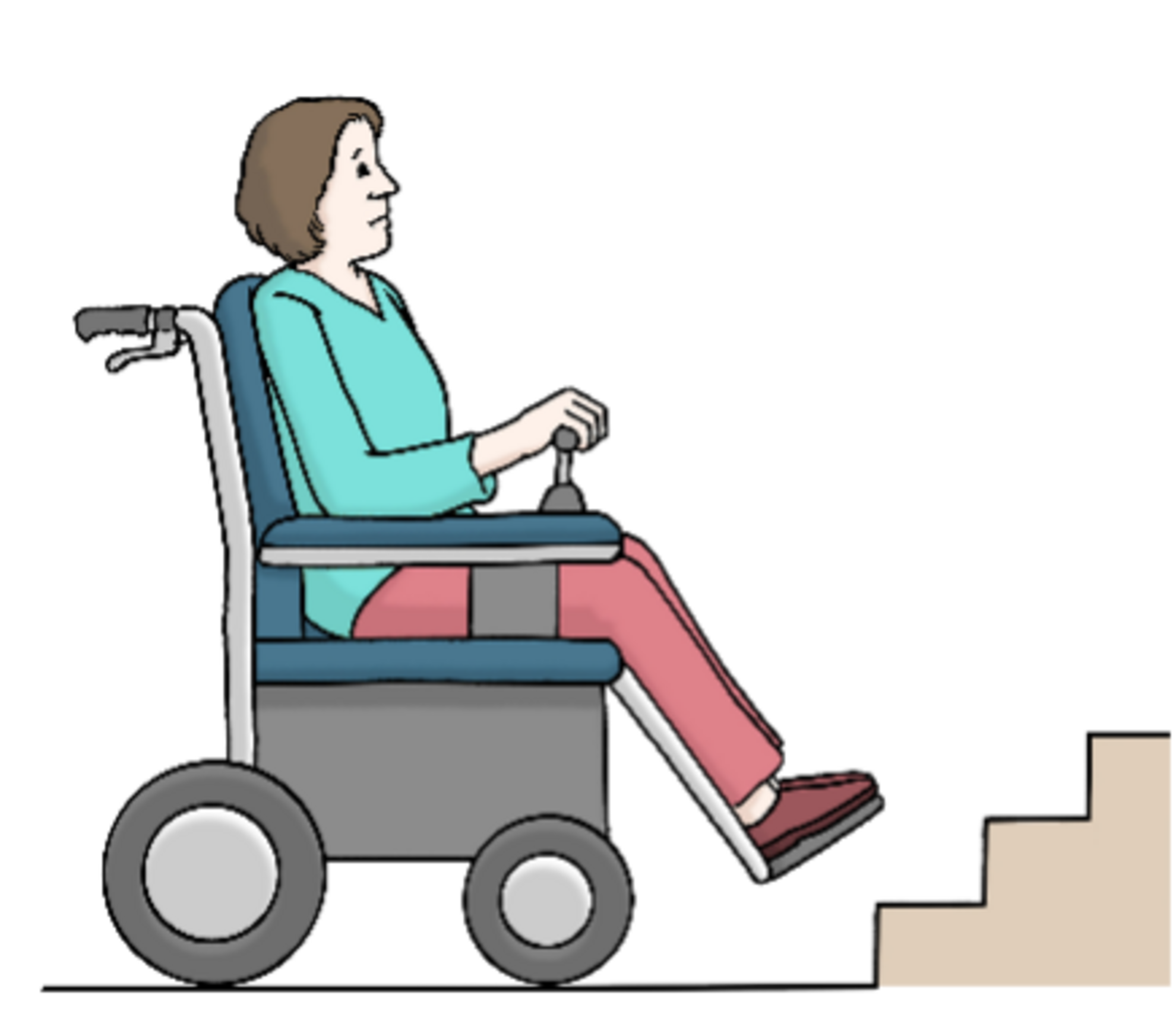 Frau_im_Rollstuhl_vor_Treppe Illustration einer Frau die in einem Rollstuhl sitzt und vor sich eine Treppe hat.